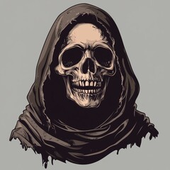 Fototapeta premium Grim reaper skull wearing a dark hood on a gray background symbolizing death and the eerie theme of Halloween