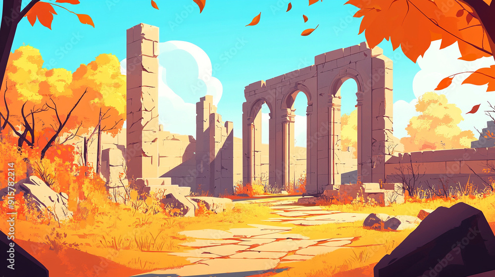 Wall mural Cartoon, simple, ancient ruins background in autumn, warm --ar 16:9 --style raw --v 6.1 Job ID: cd0907ea-9c59-442c-abb7-e7335dfb40da