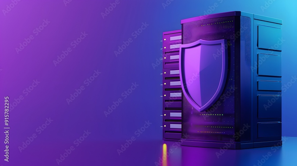 Poster illustration of secure server with a shield, representing data protection and cybersecurity on a vib