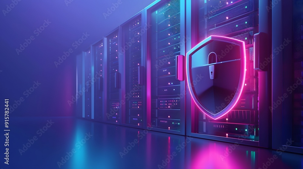 Poster modern data center with illuminated servers and a shield icon, symbolizing cybersecurity and data pr