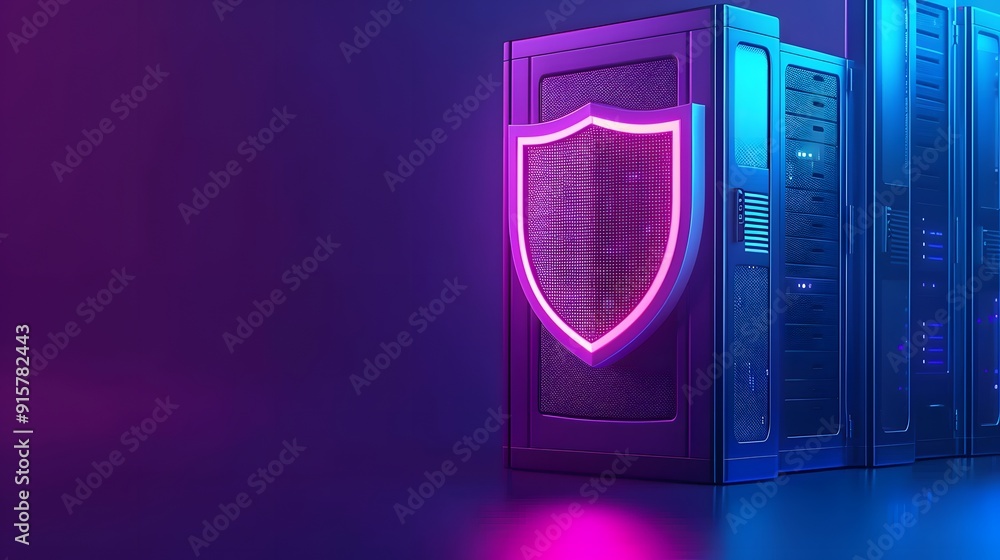 Poster modern data center with glowing shield symbol representing cybersecurity and protection. neon lights