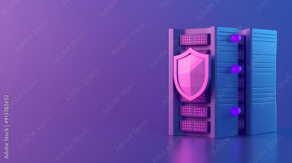 Poster modern purple server rack with digital shield for cybersecurity and data protection in a futuristic 