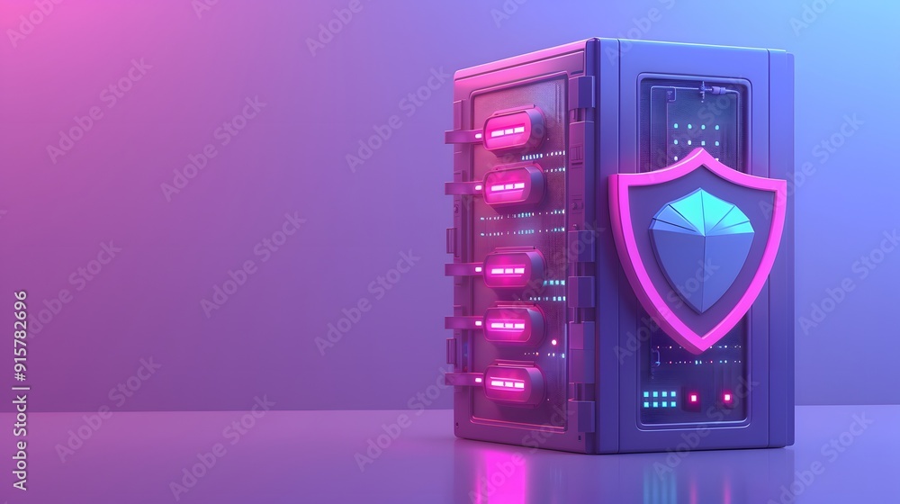 Poster modern server rack with neon shield icon, representing cybersecurity and data protection in a futuri