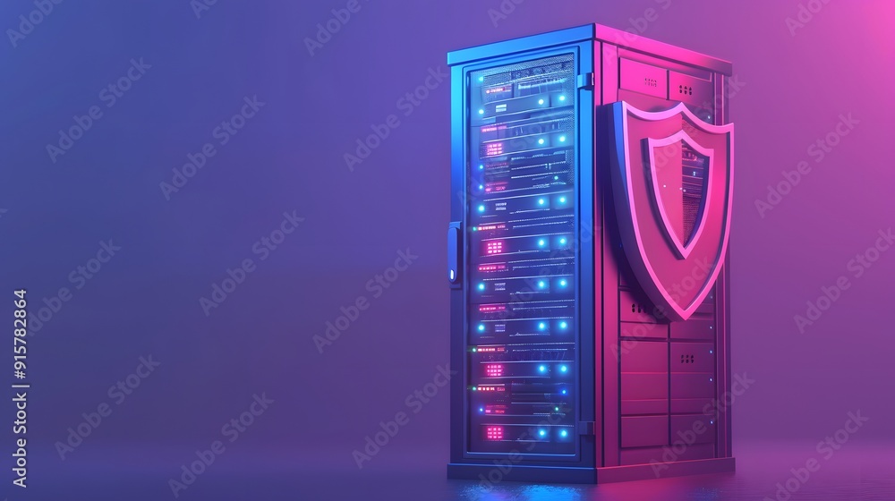 Poster modern server with blue and pink lighting and a shield for security, representing data protection an