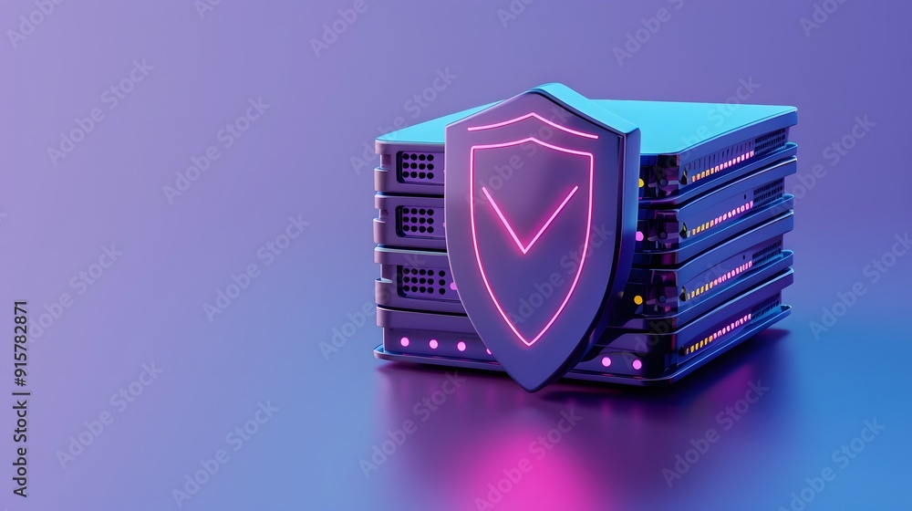 Aufkleber modern server with a protective shield symbolizing cybersecurity and data protection in a neon-lit e