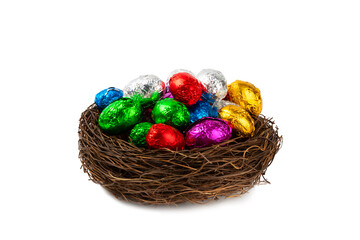 Candy isolated on a white background.COLORED EASTER EGGS. Easter celebration concept. Happy Easter. Chocolate sweet eggs. Space for text.Copy space