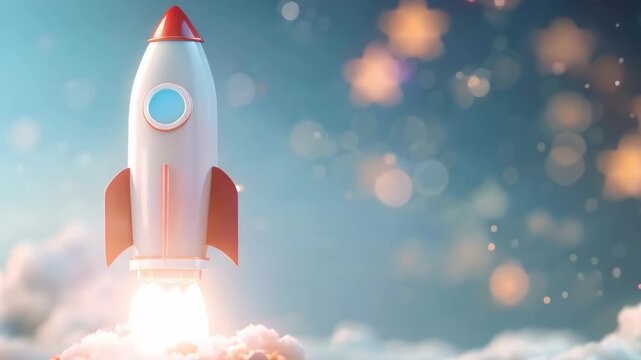 Abstract animation of visual metaphor rocket launching against blue sky with bokeh light