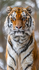 Fototapeta premium Regal tiger portrait in winter wonderland