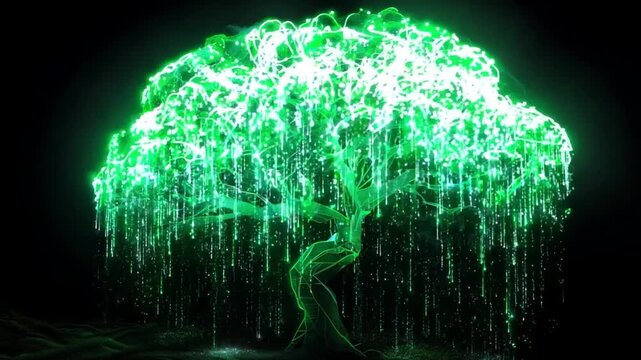 Green digital tree with glowing data streams flowing along branches on black background