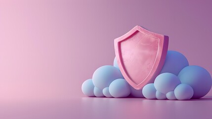 Fototapeta premium Pink shield with cloud-like shapes on a purple background, symbolizing network security, cloud protection, and data privacy.