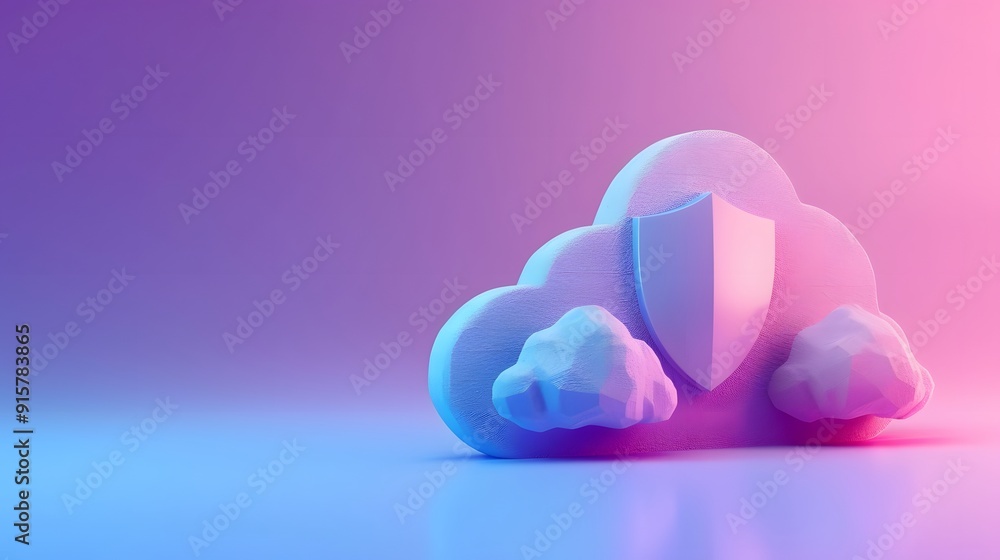 Poster secure cloud computing concept illustration with shield and clouds, symbolizing data protection and 