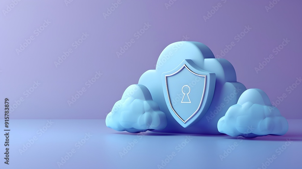 Poster secure cloud computing concept with padlock shield surrounded by clouds on a minimalist pastel blue 