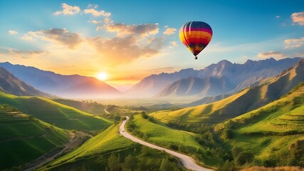 Obraz premium Colorful hot air balloon flying over green valley with road and mountain background at sunrise, 