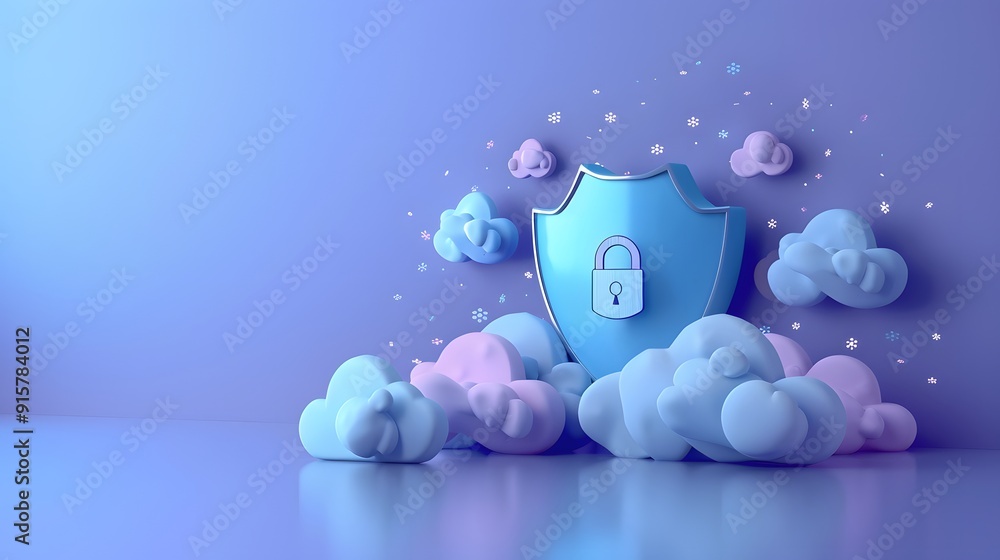 Poster secure data cloud concept with colorful shield and clouds on purple background, symbolizing data pro