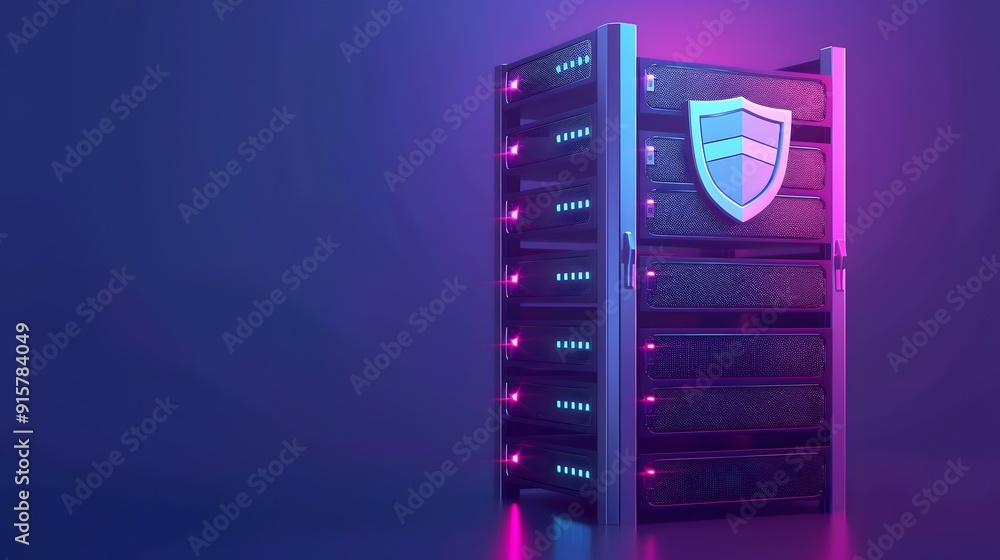 Poster secure data server rack with a shield symbol, illuminated with purple and blue lighting, representin