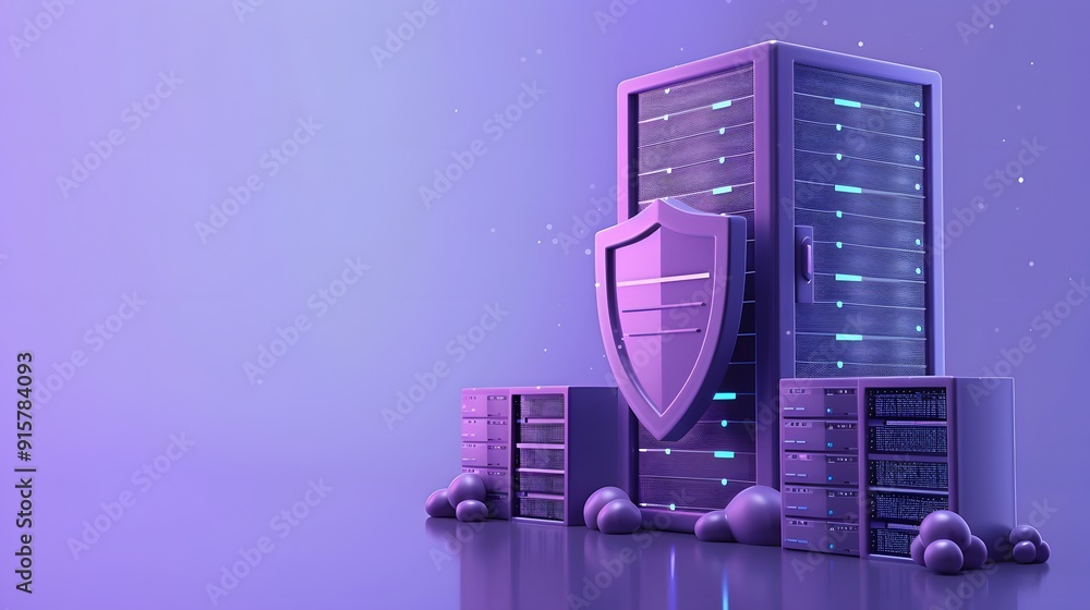 Poster secure data server room with shield icon representing cybersecurity and data protection. futuristic 