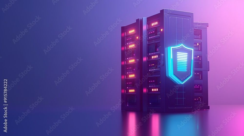 Poster secure data server with neon lights and shield symbol on a purple background, representing cybersecu