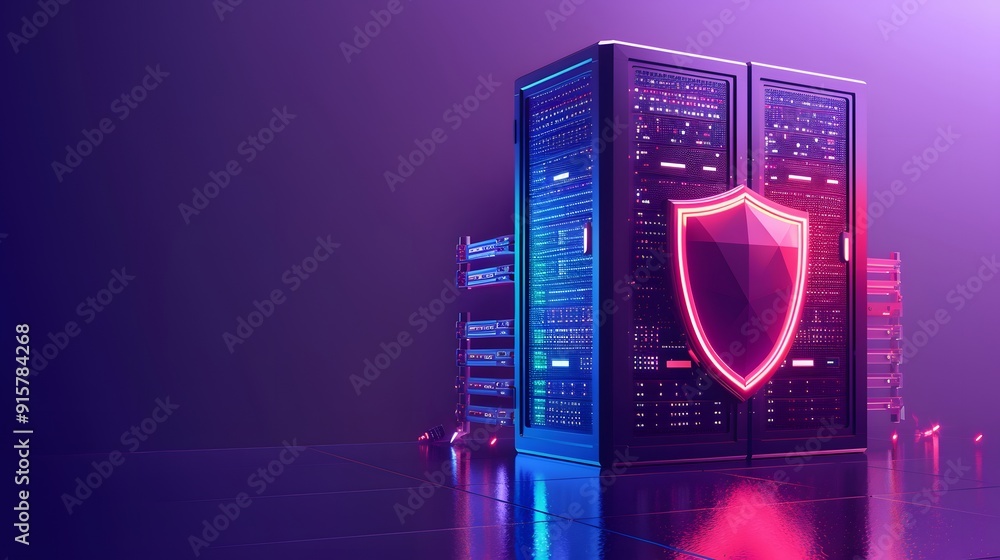 Poster secure data server with neon shield, representing cyber security, data protection, and modern techno
