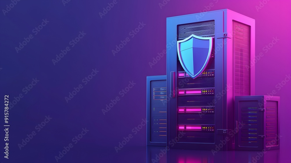 Poster secure data servers with a shield symbol on a purple and blue gradient background, representing cybe