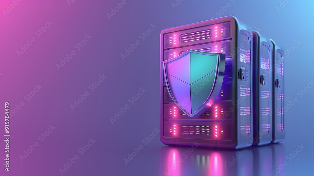 Poster secure server data protection concept. server racks with shield icon, glowing lights, and gradient b