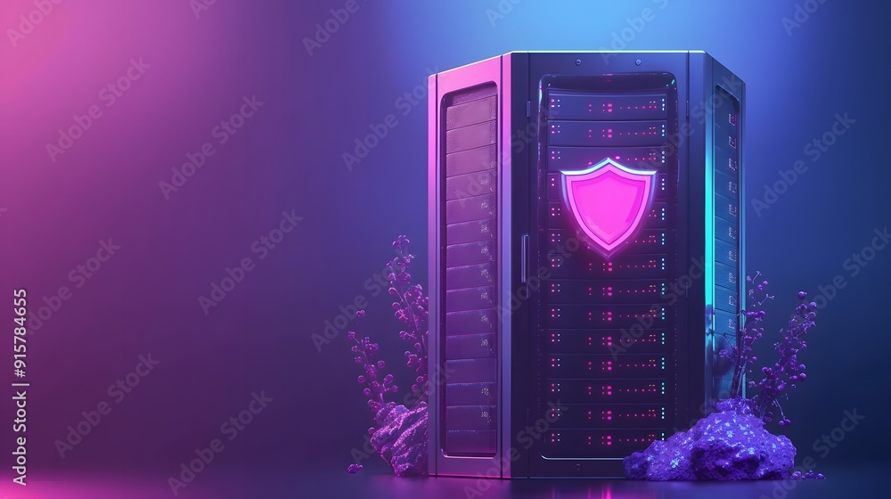 Poster secure server rack with neon lights, symbolizing data protection and cybersecurity in a modern futur