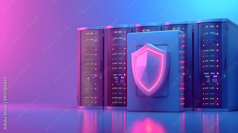 Poster secure server racks with a shield in a glowing futuristic room. representing data protection, networ
