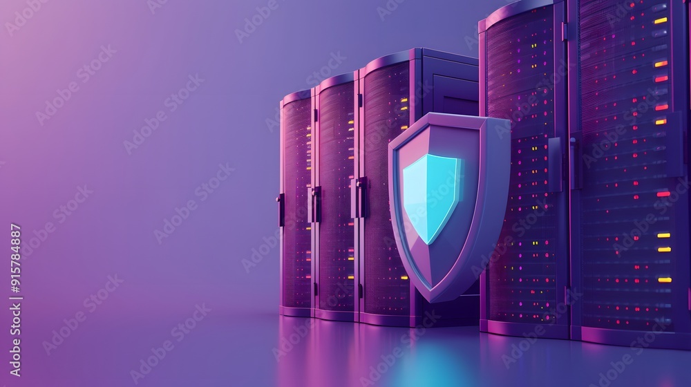 Poster secure server room with shield emblem, representing data protection and cybersecurity in a modern it