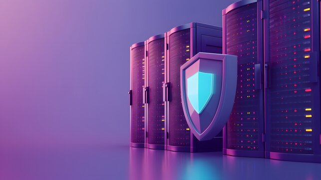 Secure server room with shield emblem, representing data protection and cybersecurity in a modern IT infrastructure.