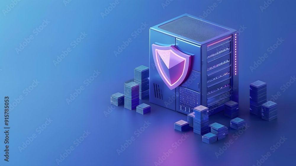 Poster secure server with digital shield, representing data protection and cybersecurity in a futuristic en