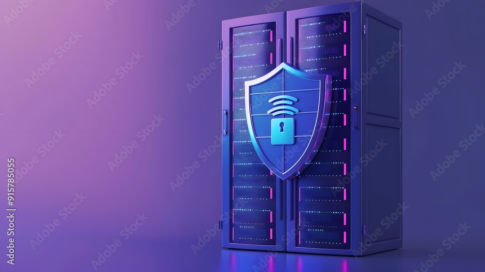 Poster secure server with digital shield icon highlighted in a futuristic setting, representing cybersecuri