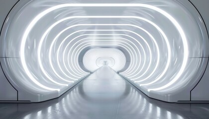 Obraz premium Sleek white and silver 3D room tunnel illuminated by futuristic neon lights, showcasing a modern