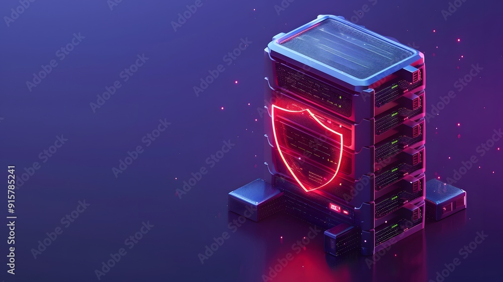 Poster secure server with glowing shield neon icon symbolizing data protection and cybersecurity in a digit