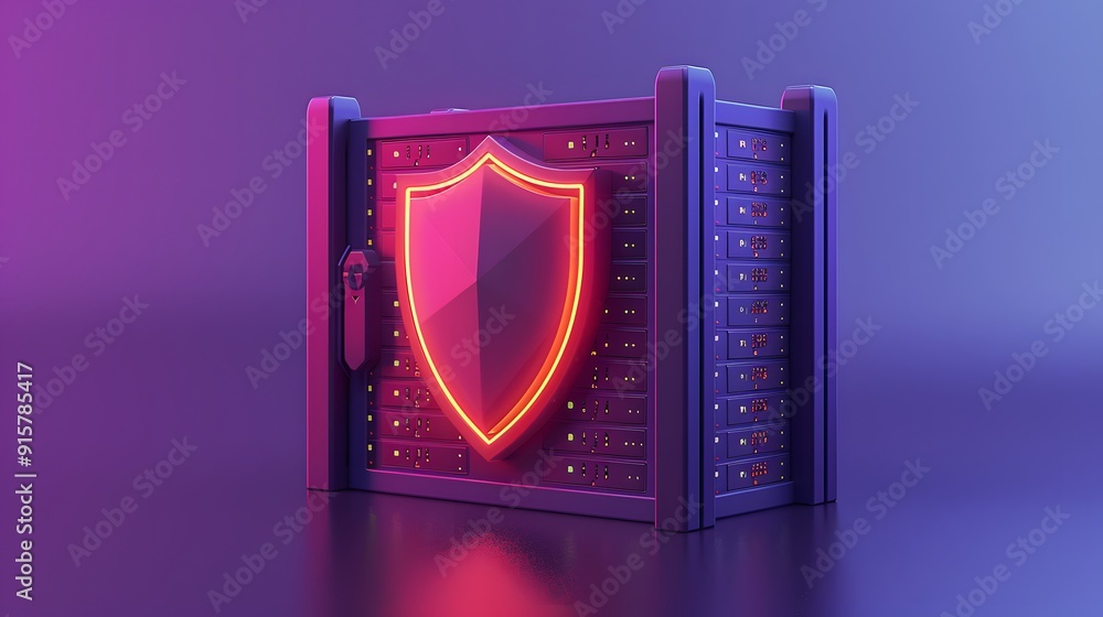 Poster secure server with neon shield symbol, representing data protection and cybersecurity in a modern di