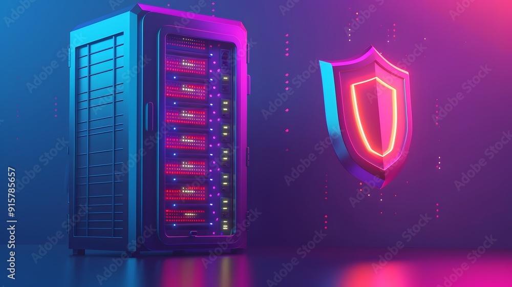 Poster server rack with a glowing shield icon symbolizing cybersecurity and data protection in a modern dig