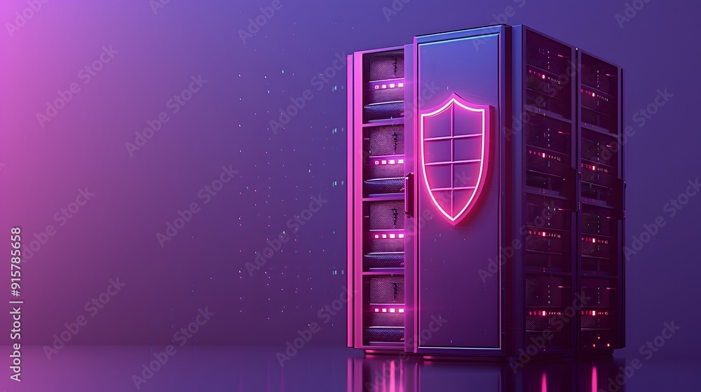 Poster server rack with glowing pink shield icon symbolizing data security and protection in a digital netw