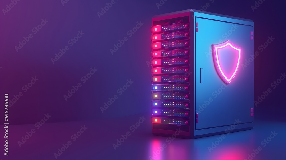 Poster server rack with neon lights and a shield emblem, symbolizing data security and modern technology, i