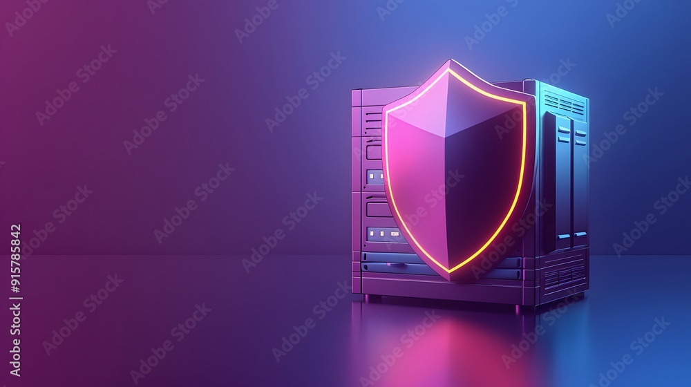 Poster server security concept featuring server racks with a glowing shield icon. depicts cyber defense and