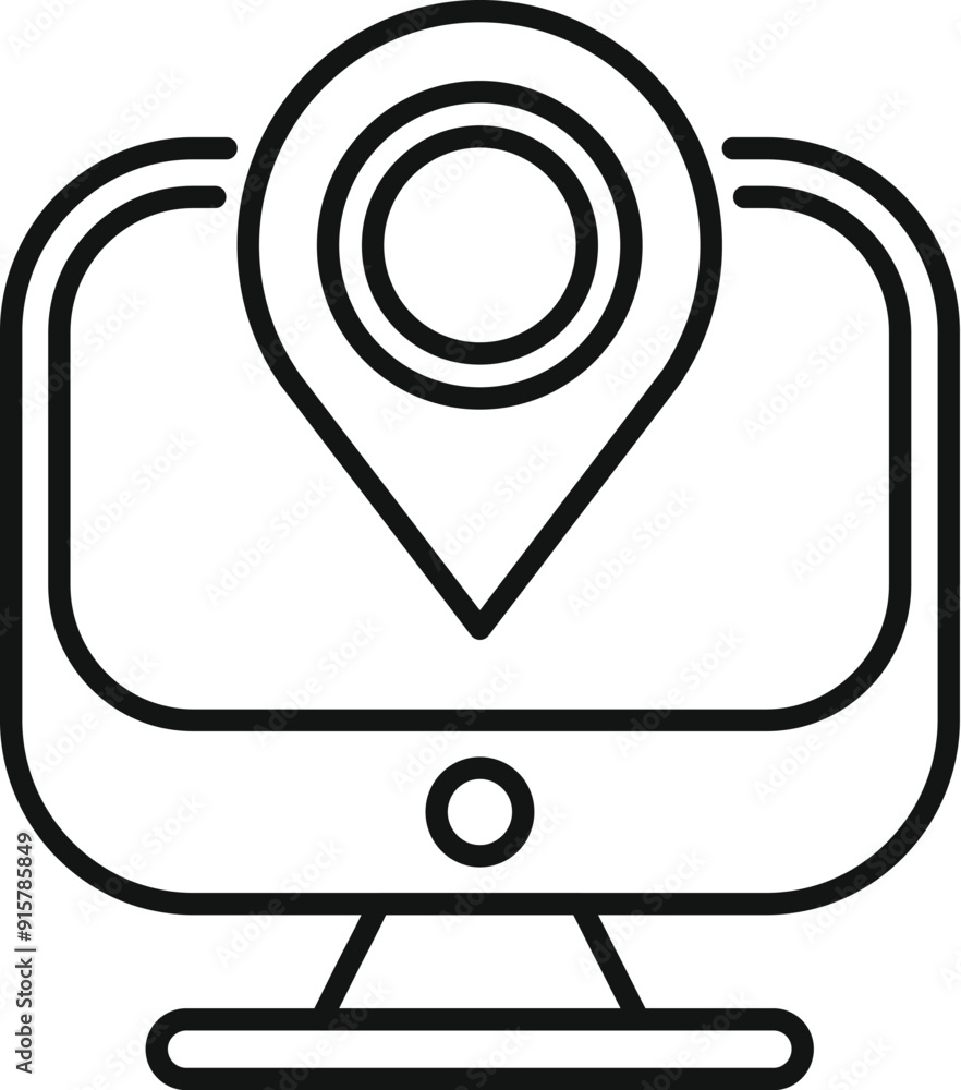 Poster line art icon of a computer screen with a location pin, representing the concept of online ordering 