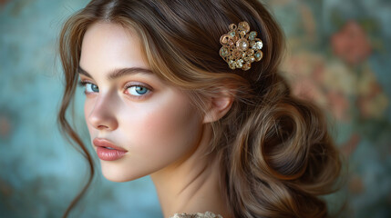 Naklejka premium A telephoto angle photo of loose waves with a side part, pinned back with a vintage brooch, with copy space