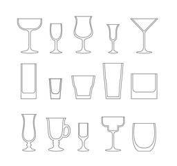 contour set of drawn simple flat different glasses for cocktails and drinks.eps