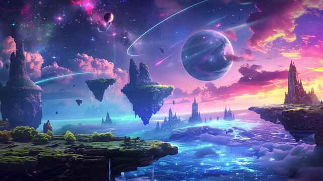 Fantasy landscape of alien planet with floating islands in purple cosmic hues