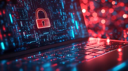 Red glowing padlock on laptop screen with blue and red lights