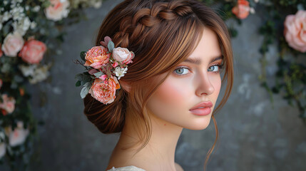 Naklejka premium A telephoto angle photo of an asymmetrical updo with a side braid and floral accents, with copy space