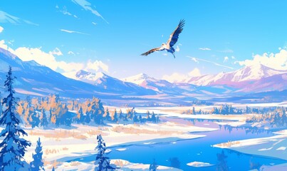 Obraz premium Enchanting Yellowstone Winter Wonderland: Dreamy Anime-Style 4K Wallpaper with Wildlife and Snowy Landscapes. Captivating Digital Art Blending Natural Beauty and Fantasy Elements, Perfect for Holiday 