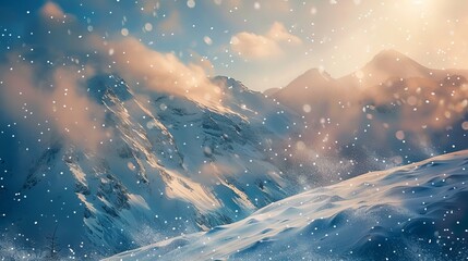 Obraz premium A mountain range with snow on the peaks and a bright sun in the sky. The mountains are covered in snow and the sun is shining brightly, creating a beautiful and serene atmosphere