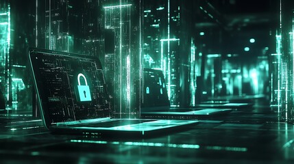A Laptop with a Lock Icon in a Digital Cityscape