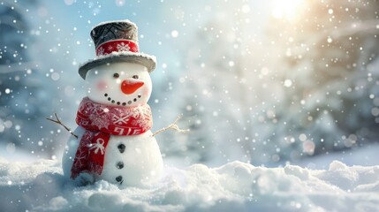 Fototapeta premium A snowman wearing a scarf and hat stands in the snow. The snowman is smiling and he is happy