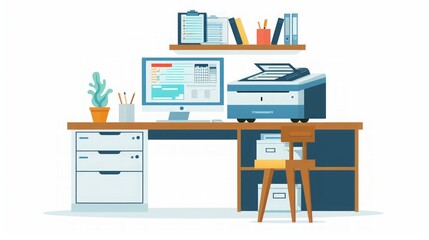 Modern Office Workspace with Computer and Printer
