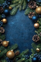 Christmas wreath with pine cones and ornaments on a blue background