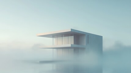 Modern Minimalist House with Fog and Reflections